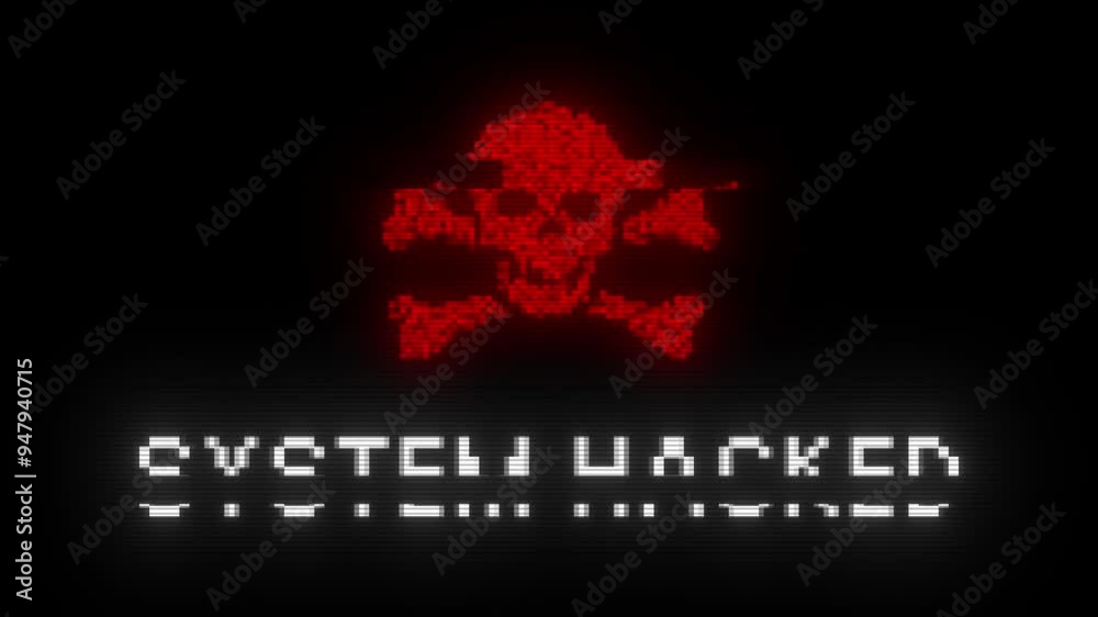 SYSTEM HACKED glitch notification with skull icon. Looped cybercrime concept hacking animation. SYSTEM HACKED message with glitch effect. Security breach with skull icon. Hacking attack.