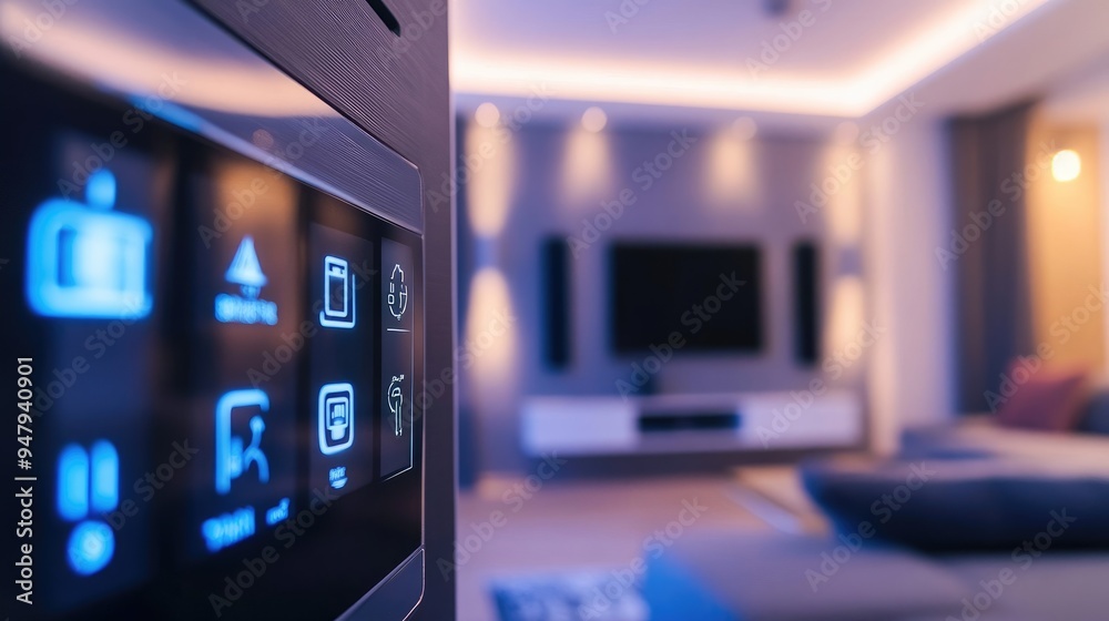 Modern Living Room with High-Tech Smart Home Control Panel Modern Living Room with High-Tech Smart Home Control Panel