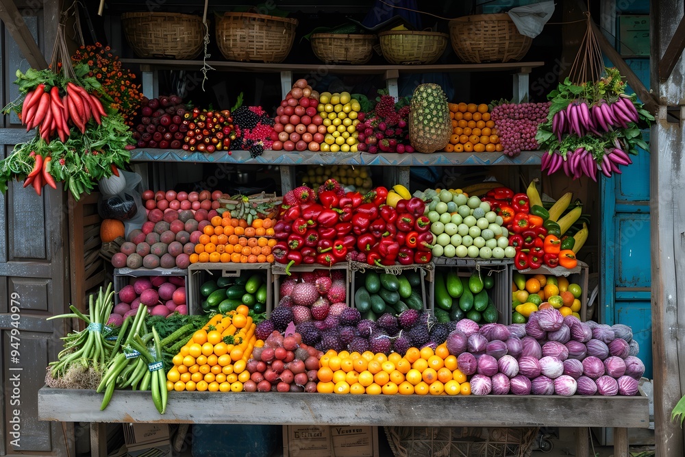 Vibrant Display of Fresh Fruits and Vegetables at a Local Market Vibrant Display of Fresh Fruits and Vegetables at a Local Market