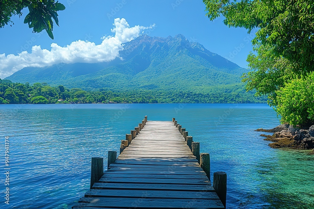 Fototapeta premium A beautiful view of a lake with a wooden pier