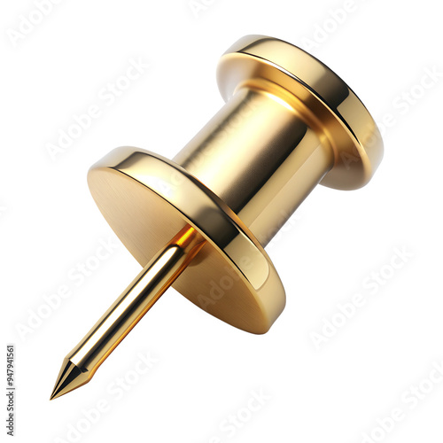 Golden stationery push pin isolated on white transparent background, png element photo