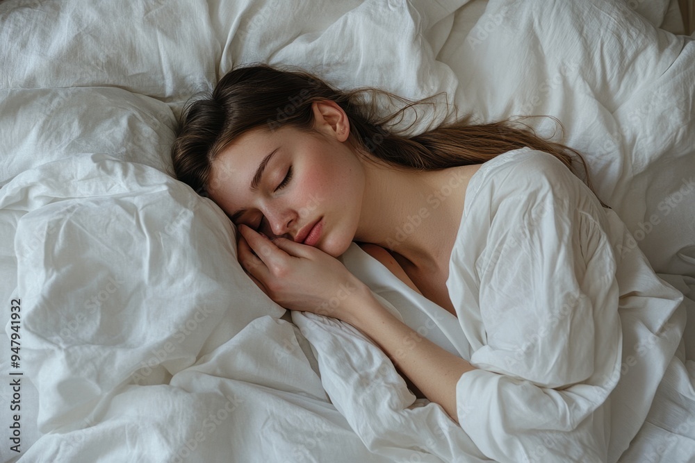 A serene young woman peacefully sleeping in a cozy bed. Soft white linens surround her, creating a calm atmosphere. This image captures tranquility and comfort. Generative AI A serene young woman peacefully sleeping in a cozy bed. Soft white linens surround her, creating a calm atmosphere. This image captures tranquility and comfort. Generative AI