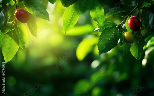 A lush garden scene with Australian passion fruit vines and ripe fruits hanging, with soft sunlight filtering through leaves photo