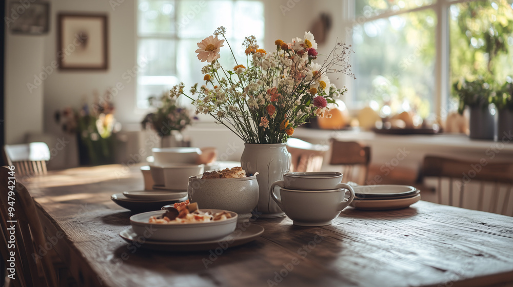 A farmhouse dining area set for breakfast, with a rustic wooden table, ceramic dishes, and a vase of fresh flowers