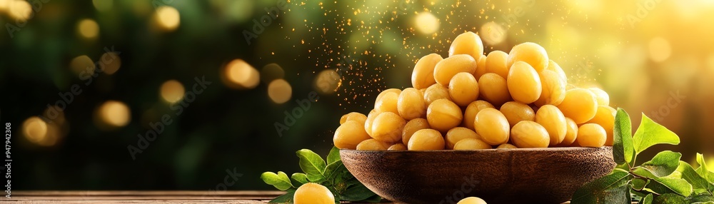 A medley of fresh longan, both whole and peeled, displayed in a vintage bowl on a wooden table with a rustic ambiance A medley of fresh longan, both whole and peeled, displayed in a vintage bowl on a wooden table with a rustic ambiance