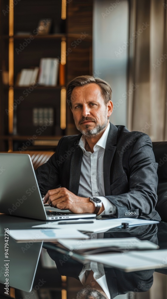 a high-level executive sitting at a sleek desk with a laptop and business documents. a high-level executive sitting at a sleek desk with a laptop and business documents.