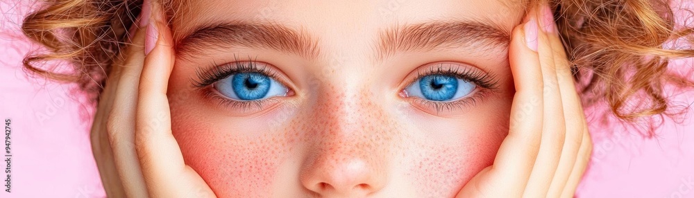 Obraz premium Closeup of a teenage girl with acne around her mouth, looking down thoughtfully