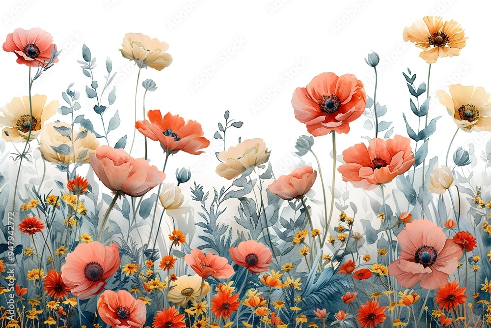 Obraz premium A painting of a field of flowers with a blue sky in the background