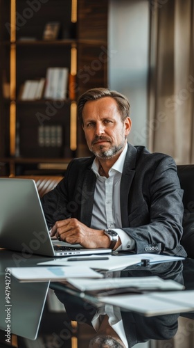 a high-level executive sitting at a sleek desk with a laptop and business documents.