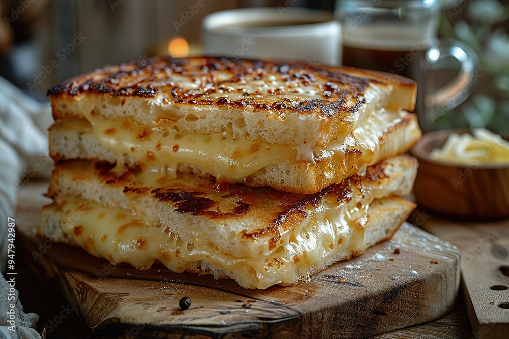 A stack of three grilled cheese sandwiches on a wooden cutting board A stack of three grilled cheese sandwiches on a wooden cutting board