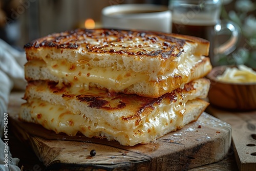 A stack of three grilled cheese sandwiches on a wooden cutting board