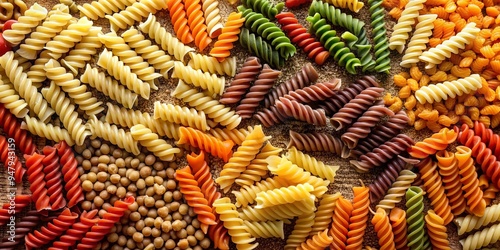 Variety of gluten-free fusilli pasta made from different legumes , fusilli, pasta, gluten-free, legumes, chickpea, lentil