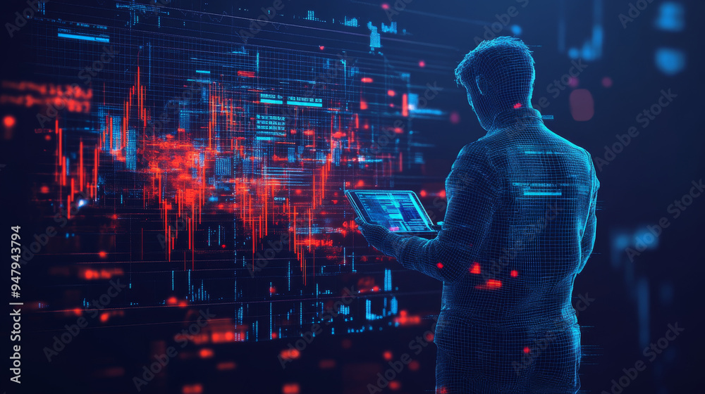 Abstract financial market and trader with tablet showing upward arrows. Digital stock exchange banner illustrating investment growth. Futuristic low-poly wireframe vector design. Abstract financial market and trader with tablet showing upward arrows. Digital stock exchange banner illustrating investment growth. Futuristic low-poly wireframe vector design.