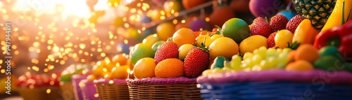 A vibrant market scene with various African fruits in colorful baskets, natural light filtering through the market roof