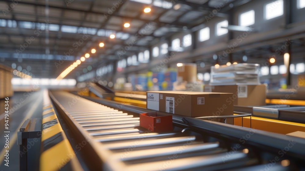 Fototapeta premium Efficient Postal Sorting System Automated Line Sorting Parcels with Precision and Speed Blurred Background Adds Dynamic Motion