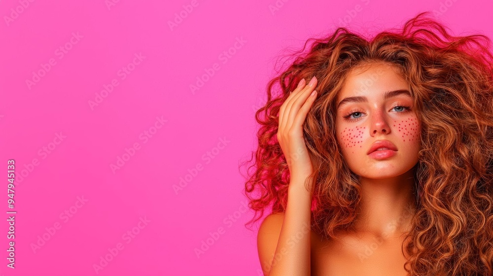 Teenage girl with acne on her cheeks, holding her hair back to show her skin Teenage girl with acne on her cheeks, holding her hair back to show her skin