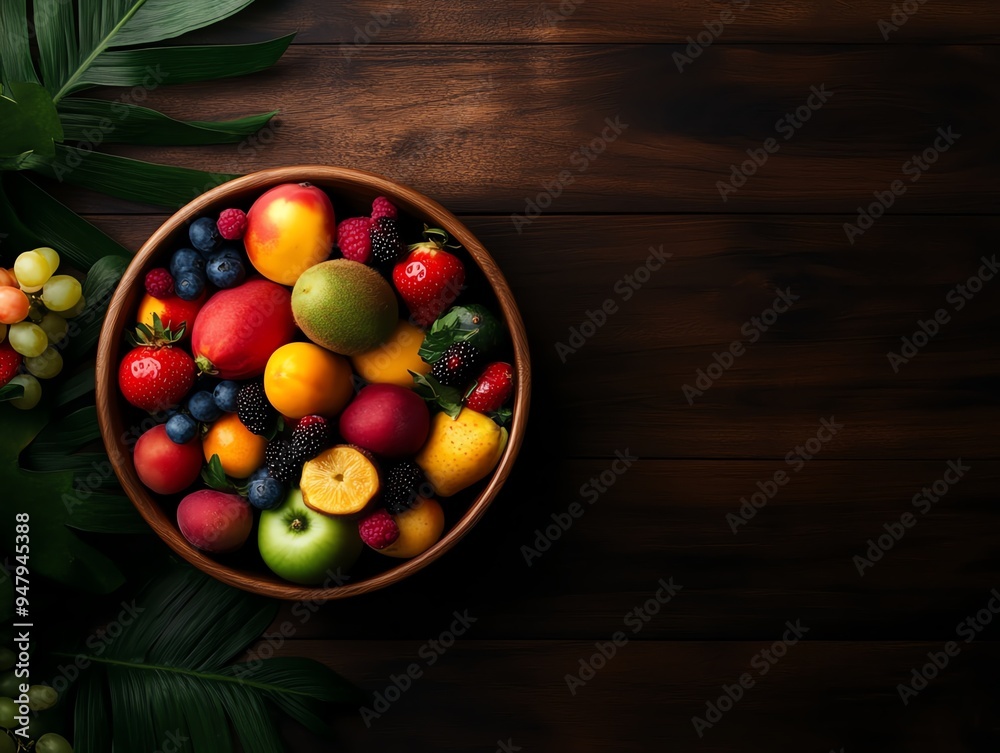 An assortment of fresh jamrul fruits, some whole and some halved, displayed in a vintage bowl on a dark wooden table An assortment of fresh jamrul fruits, some whole and some halved, displayed in a vintage bowl on a dark wooden table