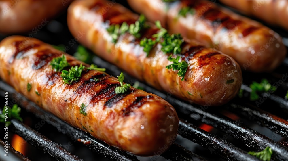 Close-Up of Tasty Grilled Sausages with Parsley on a Barbecue Grill Close-Up of Tasty Grilled Sausages with Parsley on a Barbecue Grill