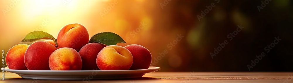 Australian nectarines on a white plate, with a breakfast setting and morning light filtering through a window Australian nectarines on a white plate, with a breakfast setting and morning light filtering through a window