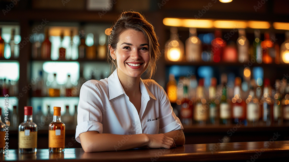 Bartender smiling while leaning on bar counter in restaurant Bartender smiling while leaning on bar counter in restaurant
