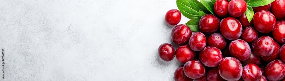 Australian plums arranged artistically on a white marble surface, with a hint of greenery and natural light Australian plums arranged artistically on a white marble surface, with a hint of greenery and natural light