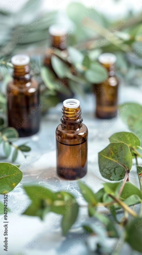 eucalyptus essential oil bottles with a backdrop of eucalyptus branches and leaves, symbolizing aromatherapy and relaxation. eucalyptus essential oil bottles with a backdrop of eucalyptus branches and leaves, symbolizing aromatherapy and relaxation.