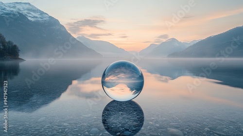 9. A tranquil lake scene seen through a clear glass ball, with still waters mirroring the surrounding mountains, and the soft light of dawn breaking through the mist