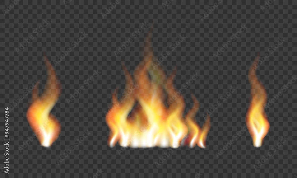 Realistic fire set. Red fiery flames for used on dark illustrations. Realistic fire set. Red fiery flames for used on dark illustrations.