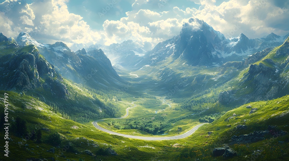 Winding Road Through Lush Green Valley Surrounded by Majestic Mountains and Bright Blue Sky Winding Road Through Lush Green Valley Surrounded by Majestic Mountains and Bright Blue Sky