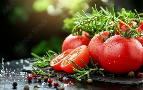 Bright, juicy ambarella fruits, both whole and sliced, arranged on a slate board with a few sprigs of fresh rosemary for a touch of greenery photo