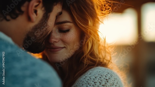 A couple shares a tender embrace with foreheads touching, framed by the golden glow of sunset, capturing a truly romantic and emotionally rich moment. photo