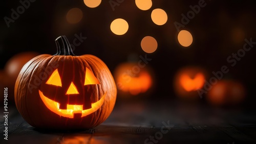 Glowing carved jack-o'-lantern pumpkin with illuminated spooky face, perfect for Halloween decorations and party themes at night.