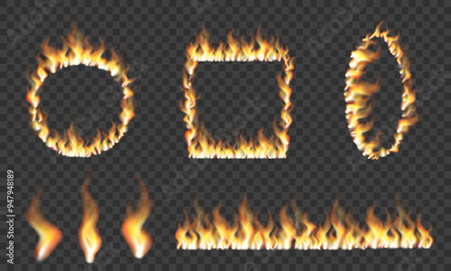Frames and borders made of fire. Realistic fire set. Flame fire illustrations.