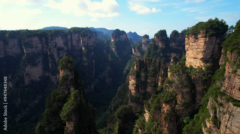 Floating mountains of Avatar in Zhangjiajie National Park. Aerial dolly out Floating mountains of Avatar in Zhangjiajie National Park. Aerial dolly out