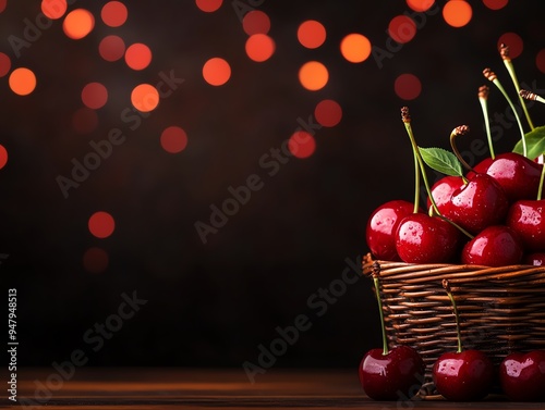 Bright red cherries, some with stems and leaves, piled high in a wicker basket with a dark wooden background photo