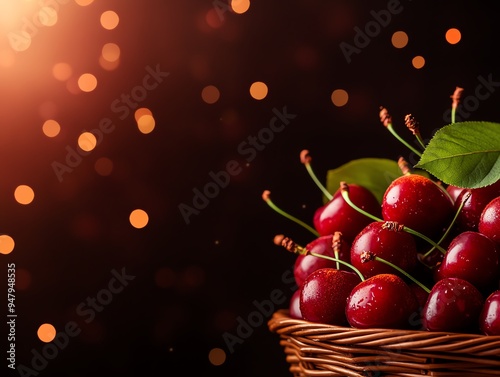 Bright red cherries, some with stems and leaves, piled high in a wicker basket with a dark wooden background photo