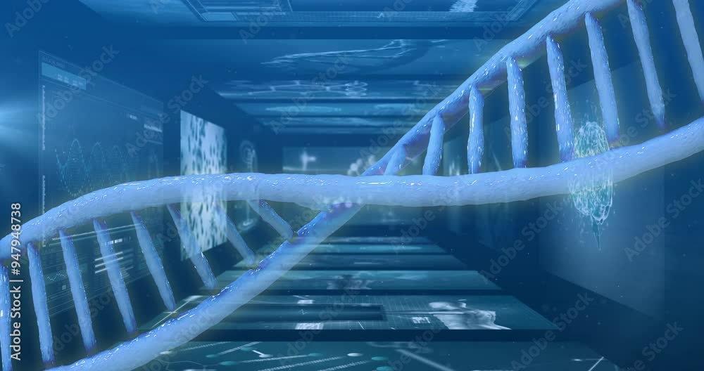 DNA strand and scientific data processing animation over digital screens DNA strand and scientific data processing animation over digital screens