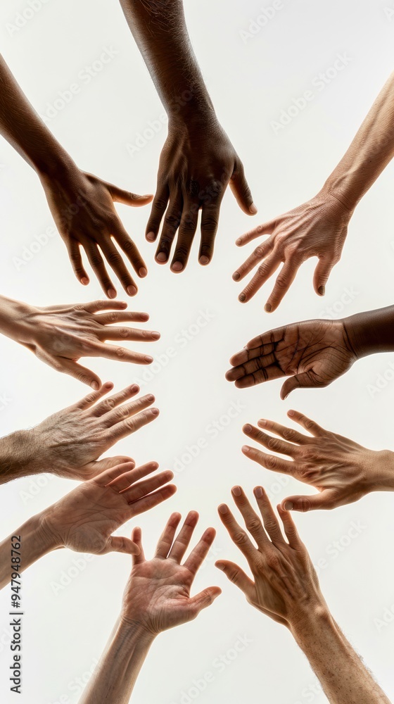diverse hands reaching towards each other, symbolizing unity and equal opportunity. diverse hands reaching towards each other, symbolizing unity and equal opportunity.