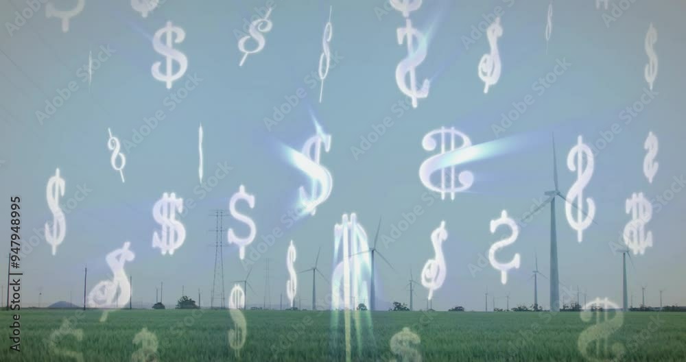 Dollar signs animation over wind turbines in green field Dollar signs animation over wind turbines in green field