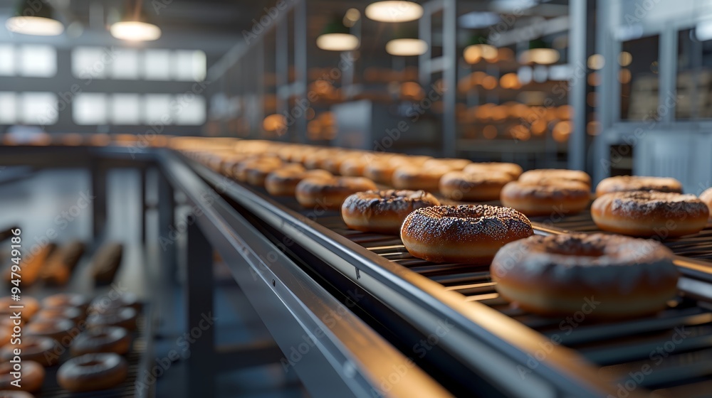 Freshly Baked Delights Conveyor Belt in Commercial Bakery Focus on Delicious Treats