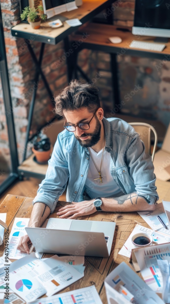 a young entrepreneur working on a laptop with startup documents and coffee, representing innovation and hard work. a young entrepreneur working on a laptop with startup documents and coffee, representing innovation and hard work.