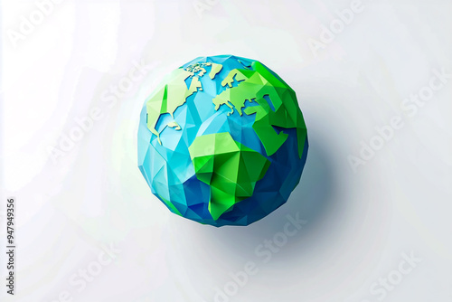 low-poly simple illustration of Earth with green and blue colors on a white background photo