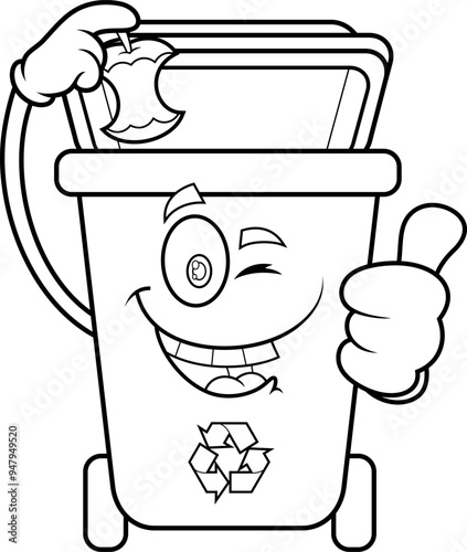 Outlined Recycle Trash Bin Cartoon Character Throws Apple Stump And Giving The Thumbs Up. Vector Hand Drawn Illustration Isolated On Transparent Background