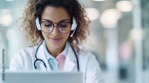 A female doctor with glasses and curly hair, wearing headphones and a white coat, is deeply focused on her laptop while in a bright and modern medical environment.