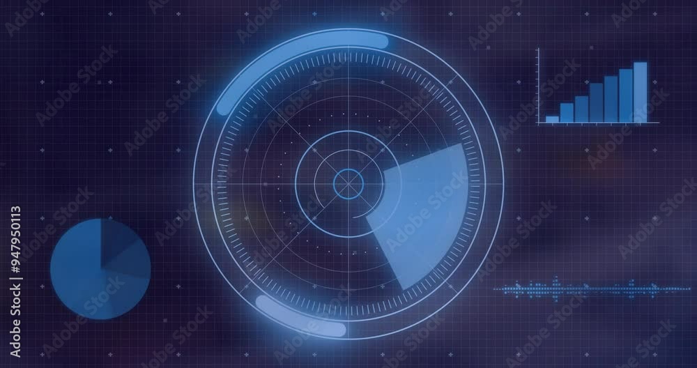 Radar scanning animation with data charts and graphs on grid background Radar scanning animation with data charts and graphs on grid background
