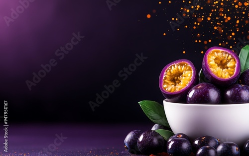 Deep purple jamblang fruits in a white ceramic bowl, with one fruit opened to show the juicy, dark interior, set against a dark background photo