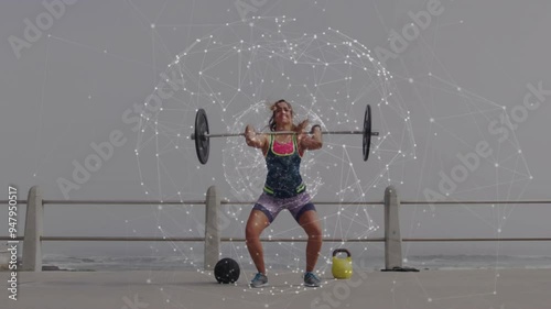 Lifting barbell, woman exercising over network connections animation photo