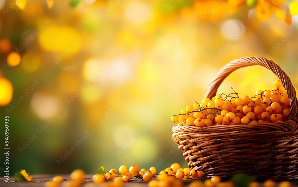 Fresh sea buckthorn berries in a rustic basket, with some scattered on a wooden table, against a backdrop of autumn leaves Fresh sea buckthorn berries in a rustic basket, with some scattered on a wooden table, against a backdrop of autumn leaves