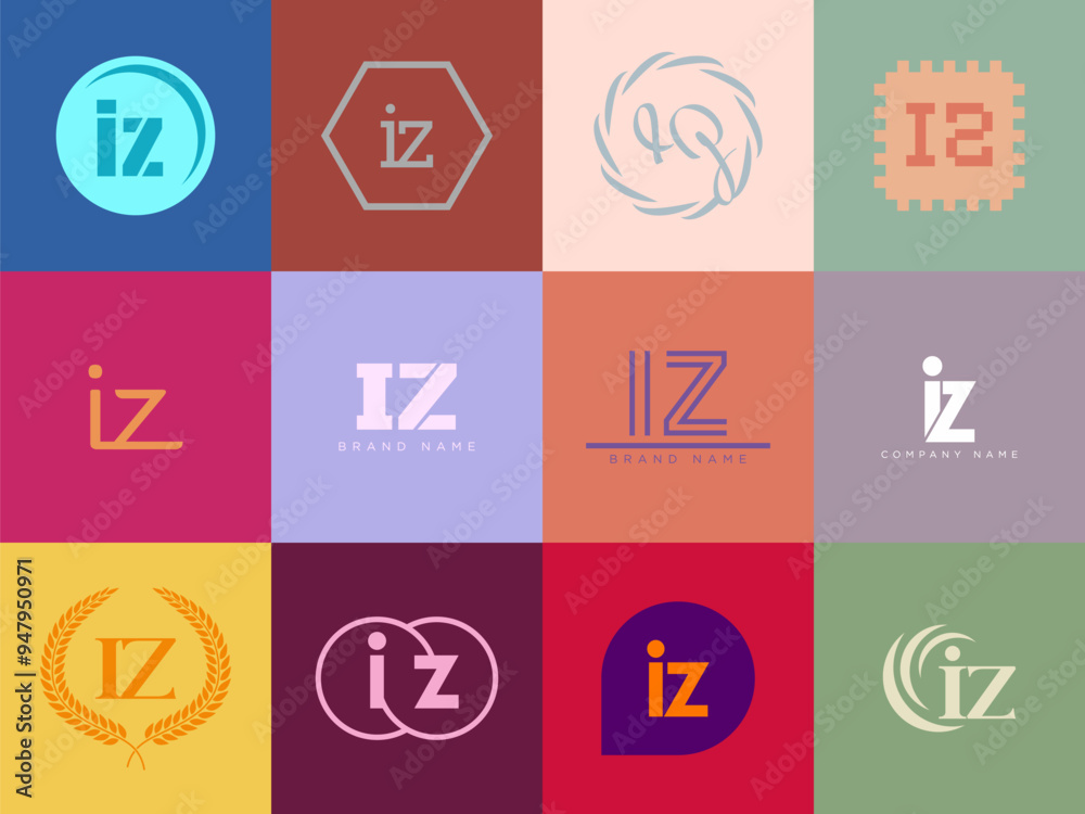 IZ logo company template. Letter i and z logotype. Set different classic serif lettering and modern bold text with design elements. Initial font typography. IZ logo company template. Letter i and z logotype. Set different classic serif lettering and modern bold text with design elements. Initial font typography.