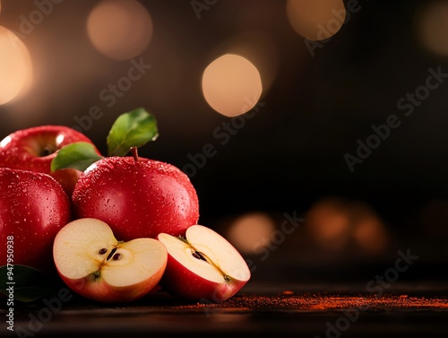 Fresh sorb apples, some whole and some sliced to show the juicy interior, arranged on a dark wooden surface with soft, warm lighting photo